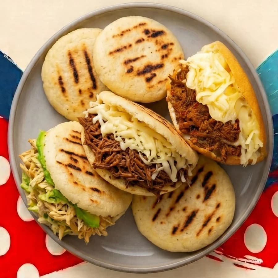 Plate of grilled arepas, some split and filled with shredded beef, cheese and chicken