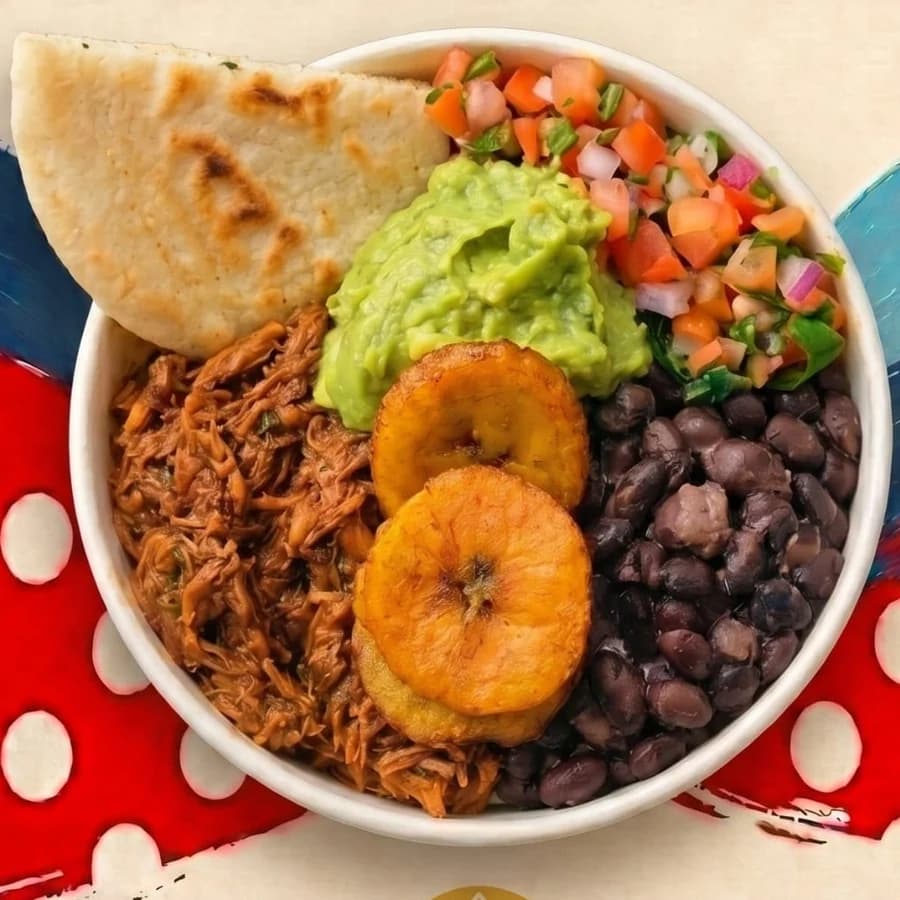 Bowl of shredded beef, black beans, guacamole, pico de gallo and fried plantain with an arepa wedge